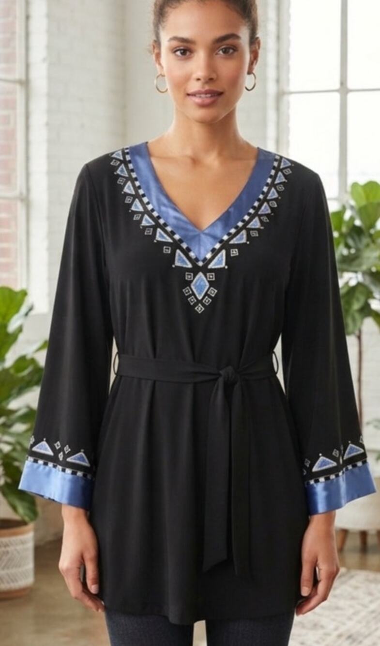 Beautiful Boho Silk and Satin Kaftan Style Embroidered Blouse by Bob Mackie